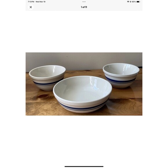 Roseville Ohio Friendship Pottery Nebraska Ivory/Blue Stripe Pasta Serving Bowls - Picture 1 of 11